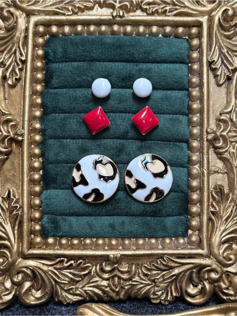 3 Pair of Stud Earrings - White, Red, Black Heart Pattern